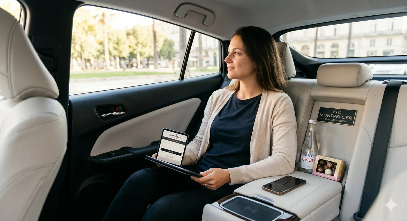 Intérieur confortable du VTC Montpellier Comfort Hybride : cuir beige, eau Evian, chargeur sans fil