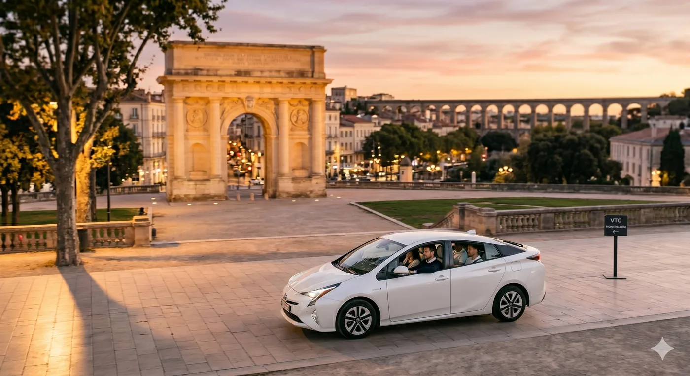 Toyota Prius hybride VTC Montpellier traversant la Place de la Comédie au coucher du soleil